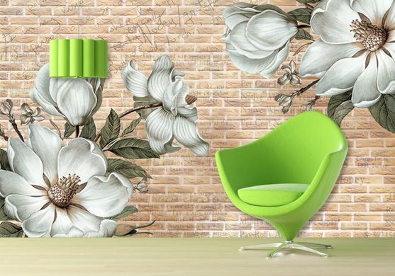 Tapet foto 3D, magnolii albe pe un zid de cărămidă