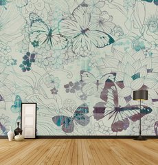 Абстракция из бабочек и цветов на бирюзовом фоне