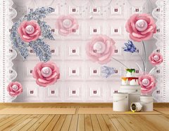 3Д фотообои, жемчужные розовые цветы на классическом фоне стены