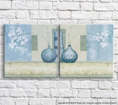 Голубые вазы и цветы, абстракция, диптих