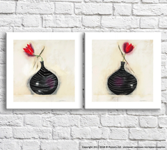 Красный тюльпан в черной вазе на белом фоне, диптих