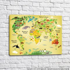 Детская карта мира с животными на желтом фоне