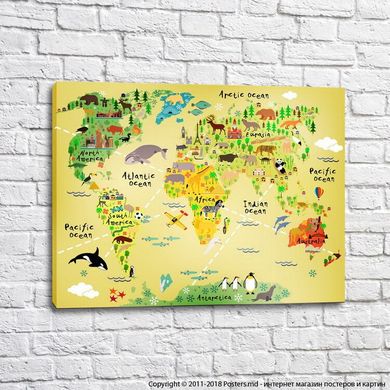 Harta lumii pentru copii cu animale pe fond galben