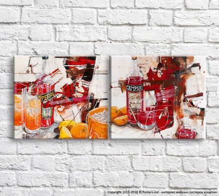 Алкоголь и фрукты на фоне абстракции, диптих