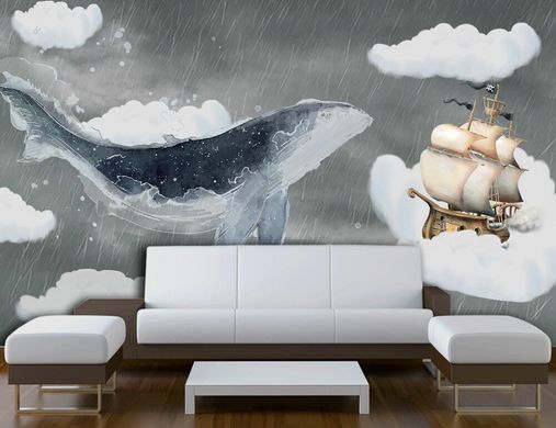 Balenă și navă printre nori în ploaie