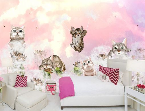 Котики на одуванчиках на фоне розового неба