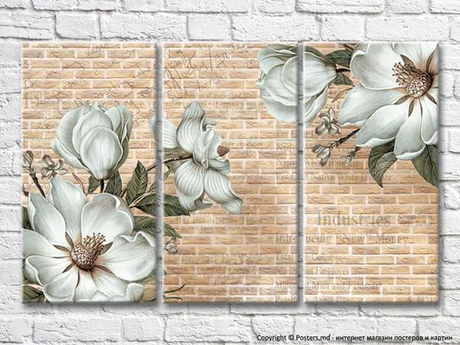 Flori albe de magnolie pe un fundal de perete de cărămidă