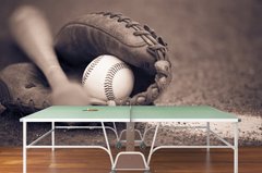 Mănușă de baseball, minge și bâtă pe fond gri, sport