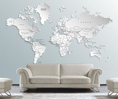 Белая карта мира с названиями стран на серо голубом фоне