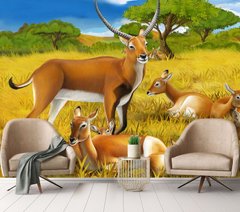 Семейство антилоп на фоне поля и деревьев