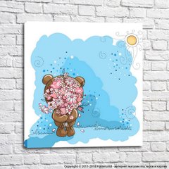 Розовый Мишка Тедди с цветами на голубом фоне