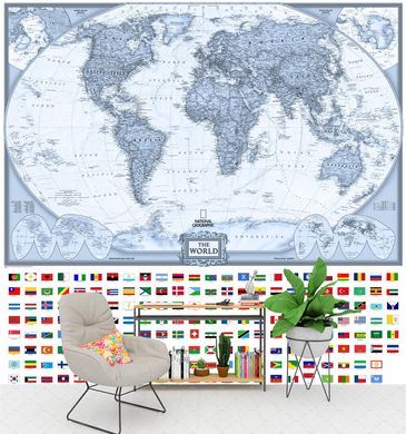 Монохромная карта мира и флаги стран
