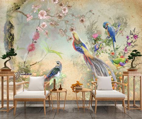 Mural cu păsări colorate și flori de cireș