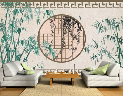 Desișuri de bambus și fereastră rotundă pe fond bej