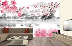 Цветущие деревья сакуры и горный пейзаж с озером