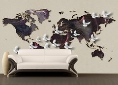 Porumbei si harta lumii pe fundal in dungi abstracte