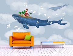 Синие киты и белые птицы на абстрактном фоне неба