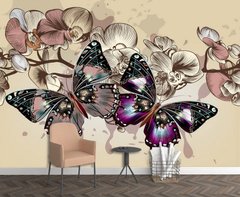Рисованные орхидеи и крупные бабочки на бежевом фоне