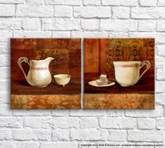Чайник и чай с сахаром на оранжевом фоне, диптих
