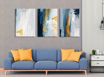 Triptih, abstracție haotică albă și albastru &icirc;nchis cu tușe galbene