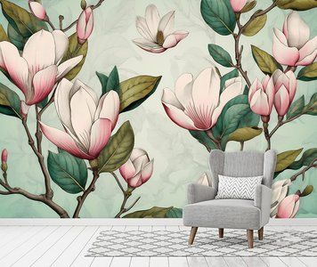 Colaj de ramuri de magnolie desenate manual pe un fundal verde deschis