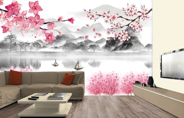 Arbori de sakura înfloriți și peisaj montan cu lac