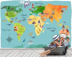 Harta lumii pentru copii cu continente multicolore pe fond albastru