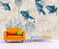 Синие рыбы вуалехвосты и кляксы на бежевом фоне