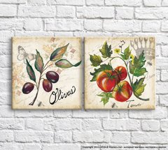 Оливки и томаты на фоне бабочки и текста, диптих