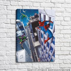 Spider-Man și dușmanii săi pe fundalul clădirilor înalte, benzi desenate