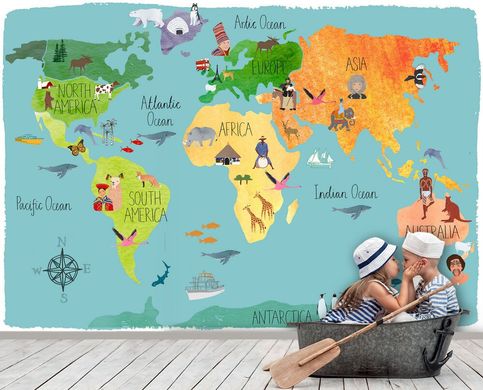 Harta lumii pentru copii cu continente multicolore pe fond albastru