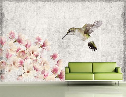 Ramuri de colibri și magnolie pe un fundal gri