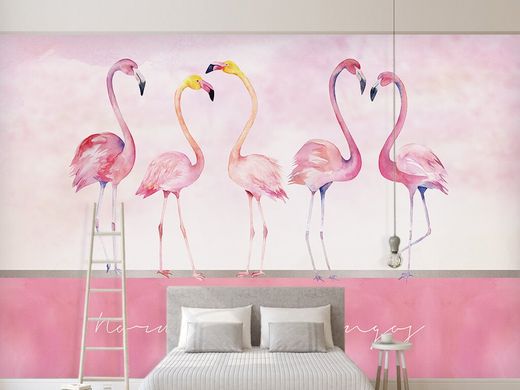 Пять розовых фламинго, акварель