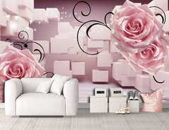 Крупные цветки розы и кубы на розовом фоне