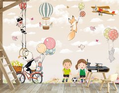 Дети и зверюшки на велосипеде и воздушных шарах