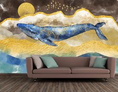 Синий кит на абстрактном фоне с золотой фольгой