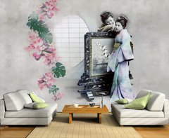 Японские женщины и цветочная ветвь у окна