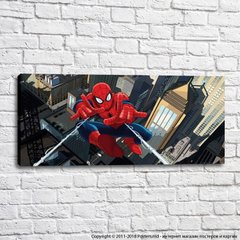 Человек паук и паутина на фоне высоких зданий