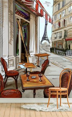 Cafenea franceză și Turnul Eiffel în perspectivă străzii