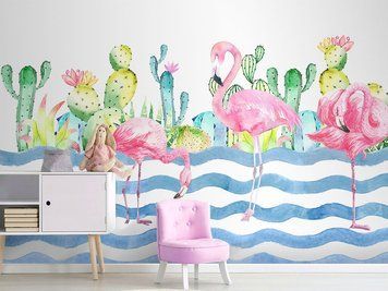 Flamingo pe un fundal de cactusi, acuarela
