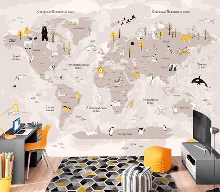 Карта мира с черными и желтыми объектами на пудровом фоне