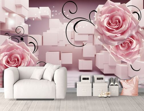 Flori mari de trandafiri și cuburi pe un fundal roz