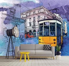 Желтый трамвай на фиолетово синем фоне городского пейзажа