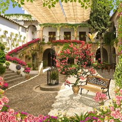 Фреска красочный дворик с фонтаном