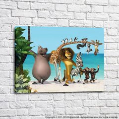 Alex leul și prietenii săi pe fundalul mării și al palmierilor