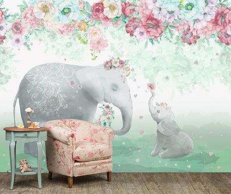Слониха и слоненок на зеленом фоне с цветами