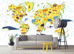 Желтые континенты с животными на абстрактном фоне карты мира