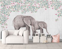 Слониха и слоненок на белом фоне с цветущими ветками магнолии