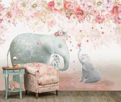 Слониха и слоненок на розовом фоне с цветами