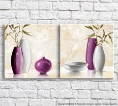 Фиолетовая и белая ваза маслом на фоне карты, натюрморт, диптих